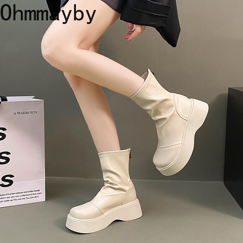Winter Chunky Heel Woman Ankle Boots Cosy Soft Leather Shoes Street Style Slim Height Increase Short Botas Mujer