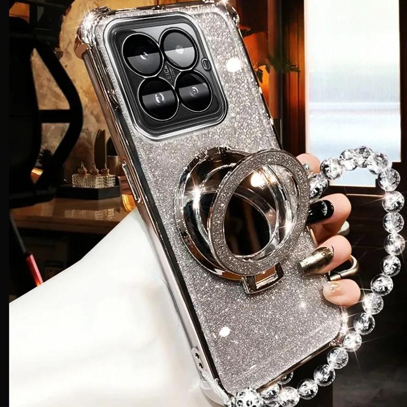 For Xiaomi 14T Pro Crystal Bracelet Glitter Mirror Holder Case for Xiaomi 14T 13T Pro 14C For POCO X7 X6 F6 Pro Shockproof Cover