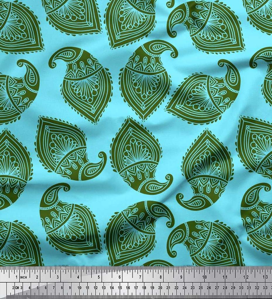 Soimoi Blue Japan Crepe Satin Fabric Green Paisley Printed Craft Fabric by the metre 42 Inch