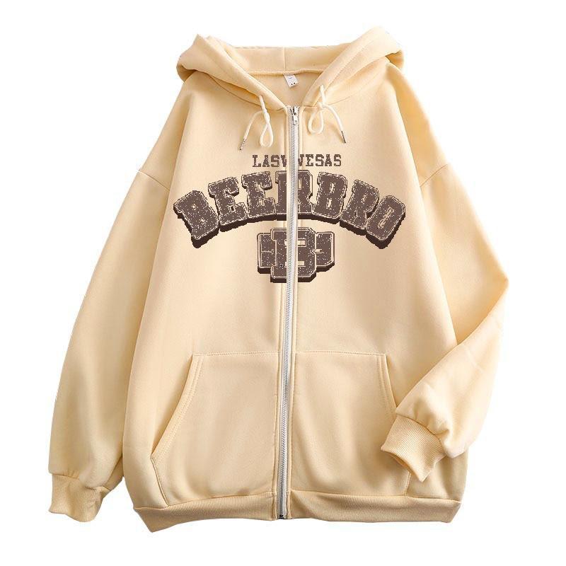 Zip-Up Hoodie Teens Unisex Oversized Cotton Blend Long Sleeve Streetwear Hooded Sweatshirt With Letter Print