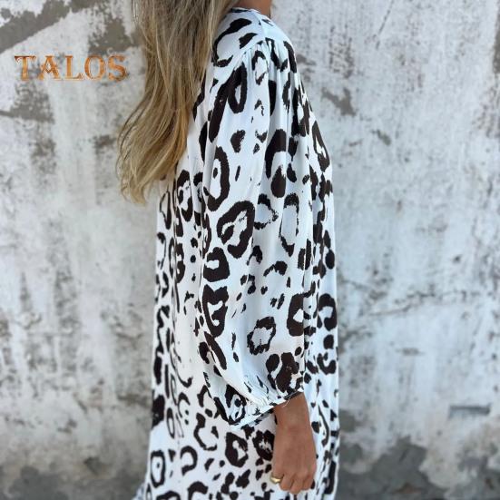 Women's Leopard Print Dress V-Neck Long Sleeve Maxi Dress Casual Loose Fit Spring Summer Dress for Office Daily Wear Vacation Party
