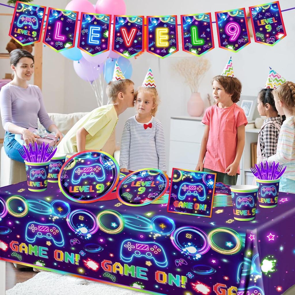 142pcs 9th Video Game Birthday Decorations for Boys 9th Gaming Birthday Party Supplies Tableware 9th Video Game On Plates Napkins Banner Tablecloth