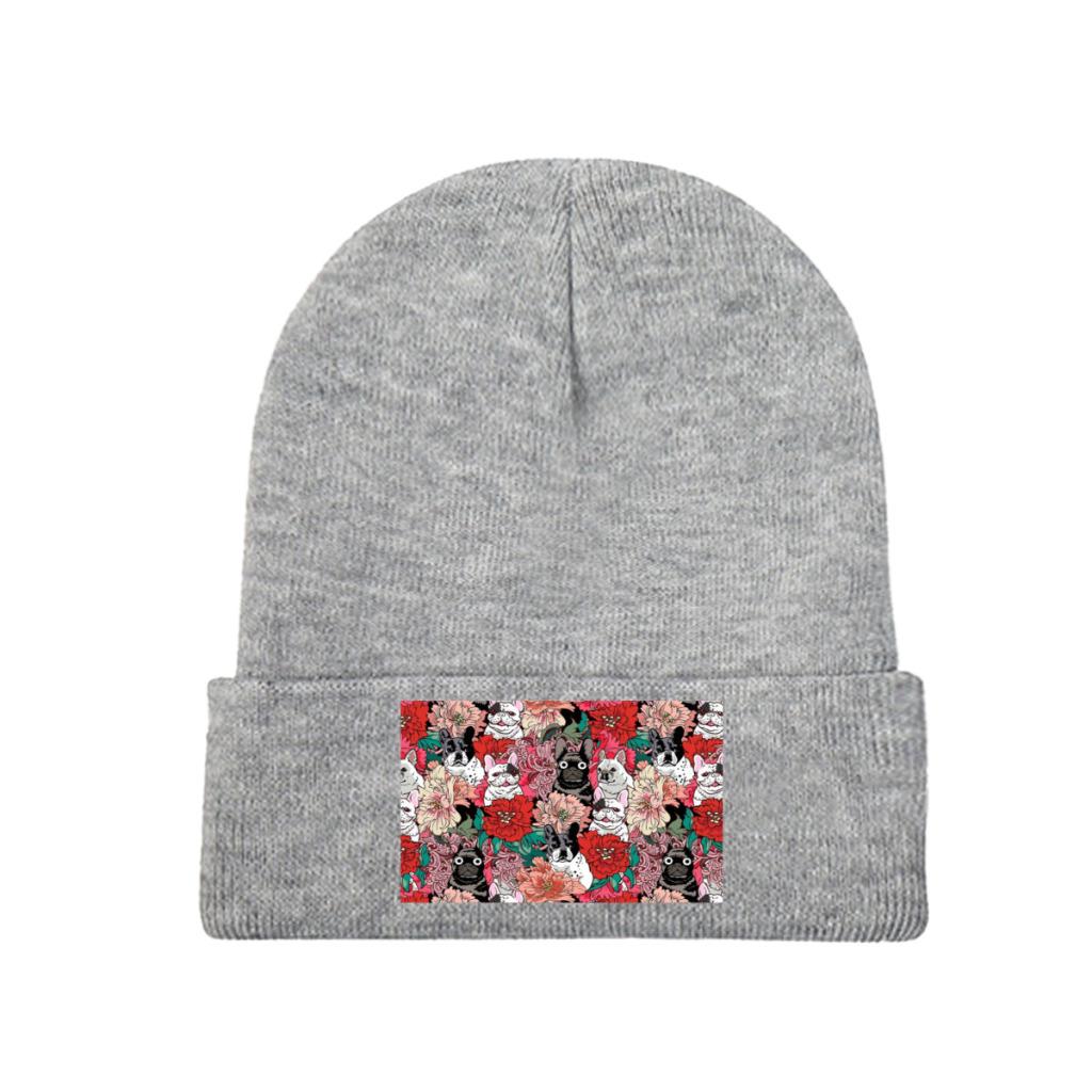 Flowers French Bulldog Knit Hat Beanie Winter Hats Warm Acrylic  Street  Caps Unisex Women