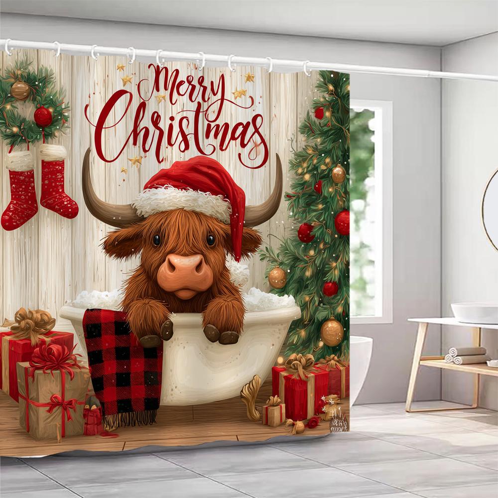 highland cattle Christmas Shower Curtain, Snowflake, Cute, Winter Bathroom Decorative Christmas Shower Curtain, with Hooks