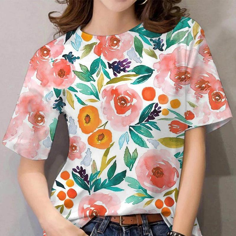Moda Donna Girocollo Manica Corta Stampa Floreale 3D T-shirt a Manica Corta Girocollo con Fiori Colorati