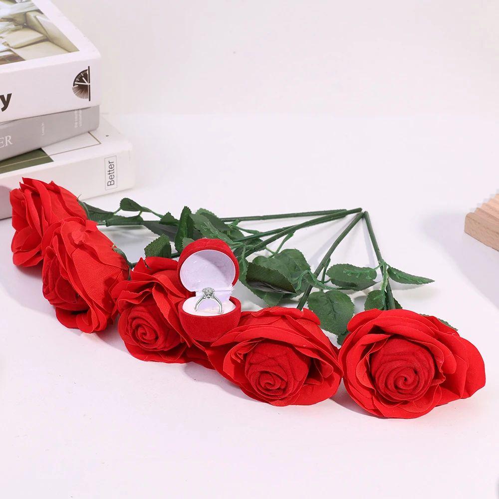 Red Flower Stem Romantic Wedding Ring Holder Velvet Engagement Rings Box Jewelry Box  Gift Box
