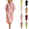Women’s Loose Fit Linen Midi Dress V Neck Short Sleeve Button Front Casual Oversized Dress with Pockets for Everyday Wear