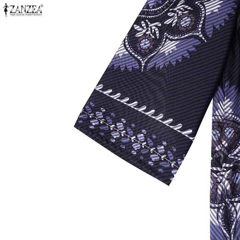 ZANZEA Women Ethnic Print Casual V-Neck 3/4 Sleeve Loose Dress