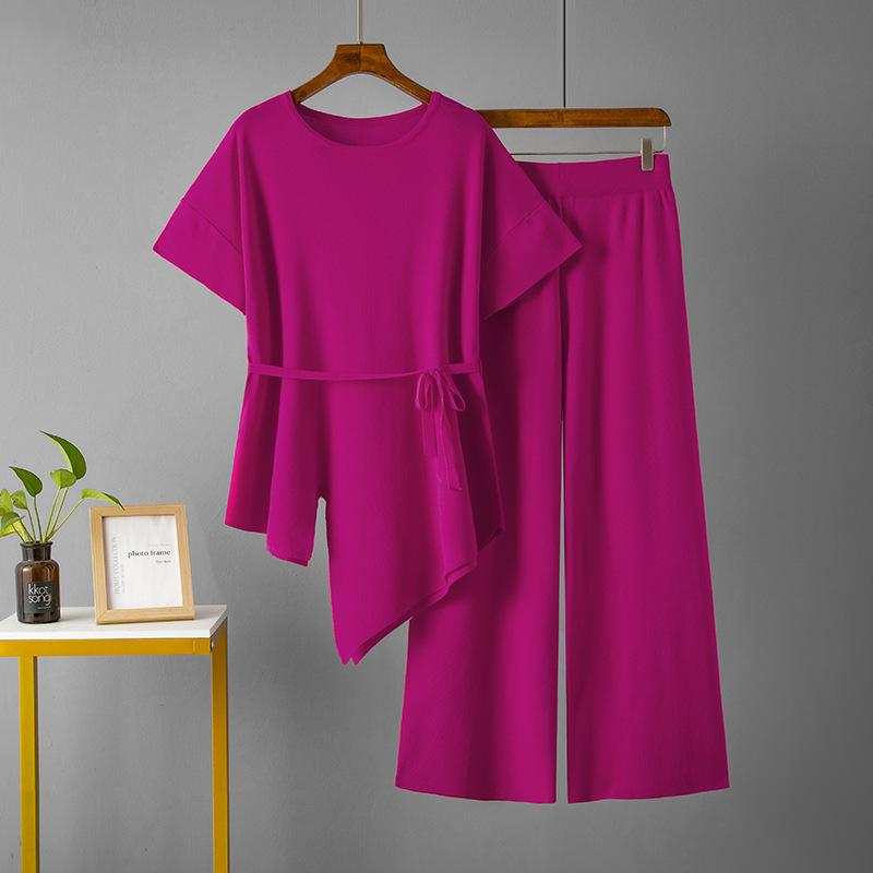 Fashion Suit Irregular Round Neck Waist Knitted Top Two-piece Set High Waist Thin Wide Leg Pants Trousers