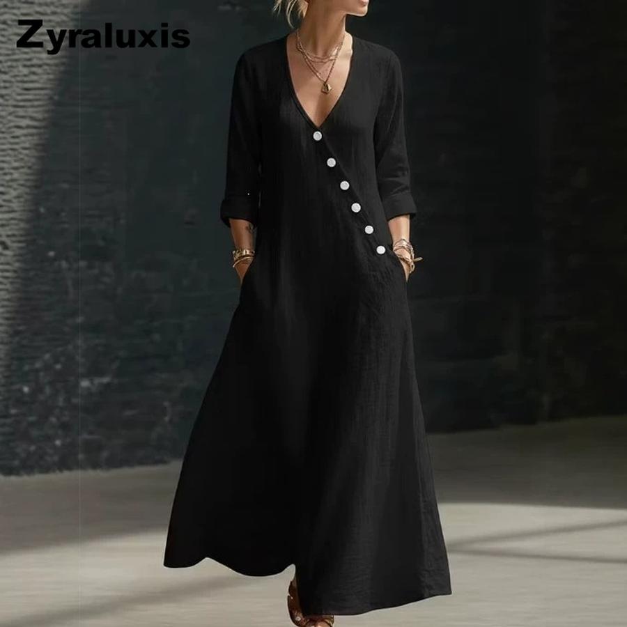 TikTok Summer Lazy Style V-Neck Pleated Swing A-Line Resort Maxi Dress Women One-Piece Long Dress
