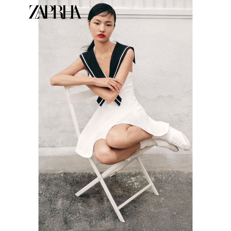 Zaprha 2025 Summer New Contrast Color Sweet Navy Style V-Shaped Neckline Sleeveless Short Dress 4661392