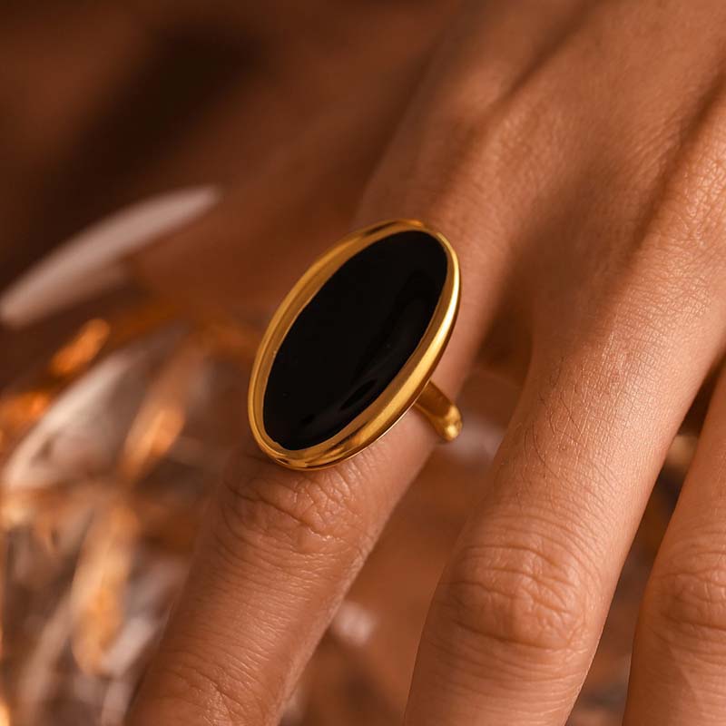Stainless Steel Metal Oval Open Rings For Women Exaggerated Black Enamel Drip Oil Adjustable Finger Ring Waterproof Jewelry