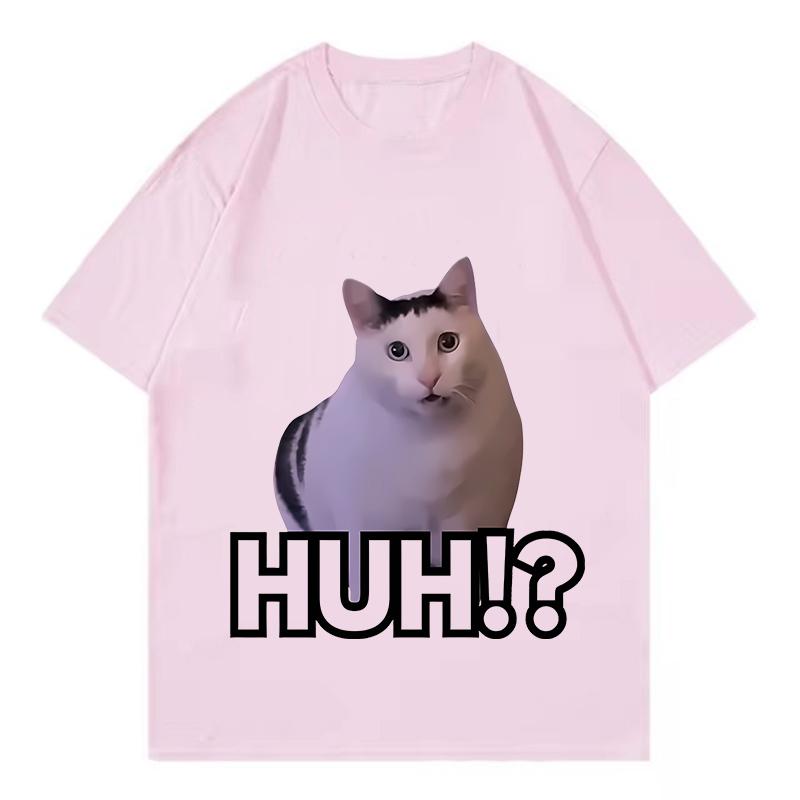 Retro Cat Saying Huh Meme T Shirts Unisex Women Cat Tshirt Aesthetics Round Neck Short Sleeve Trendy Tee Shirt Streetwear Tops