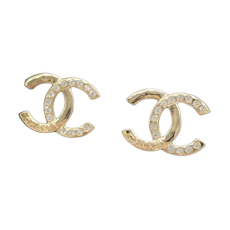 CHANEL 24P earrings gold letter spelling rhinestone double c earrings for women