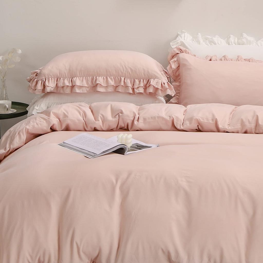 HOLOEE Bedding Set with Washed Cotton Duvet Fitted 6 Colors Cover, Pillowcases, Sheet, Western-Style, Quick-Drying, Ruffled, Cute, Stylish, (Double,