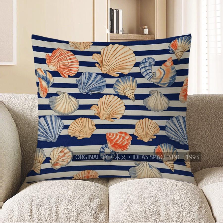 Home Decor Seashells On Blue & White Striped Pillow Cover Pattern Cushion Cover Suitable For Sofa Bedroom Car Pillow Cover