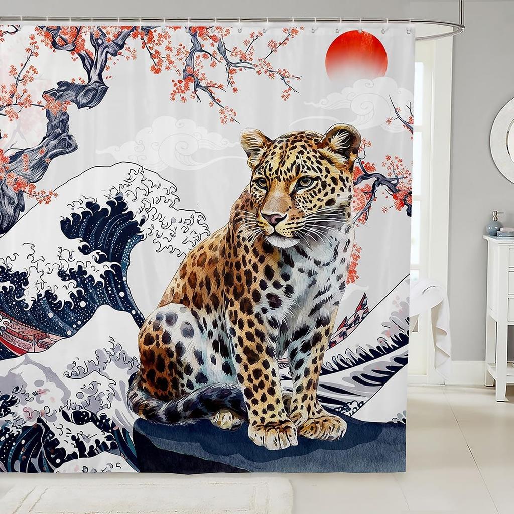 Cartoon Lion Shower Curtain for Kids Boys Girls Japanese Style Waterproof Bathroom Curtain, Vintage Ukiyoe Bath Curtain Ocean