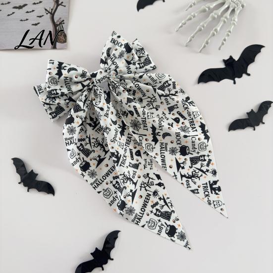 Bow Hairpin for Halloween Spring Hair Clips Women, Pumpkin Skeleton Ghost Hand Printed Festive Accessory Fabric Barrettes, Cute Horror Accessories