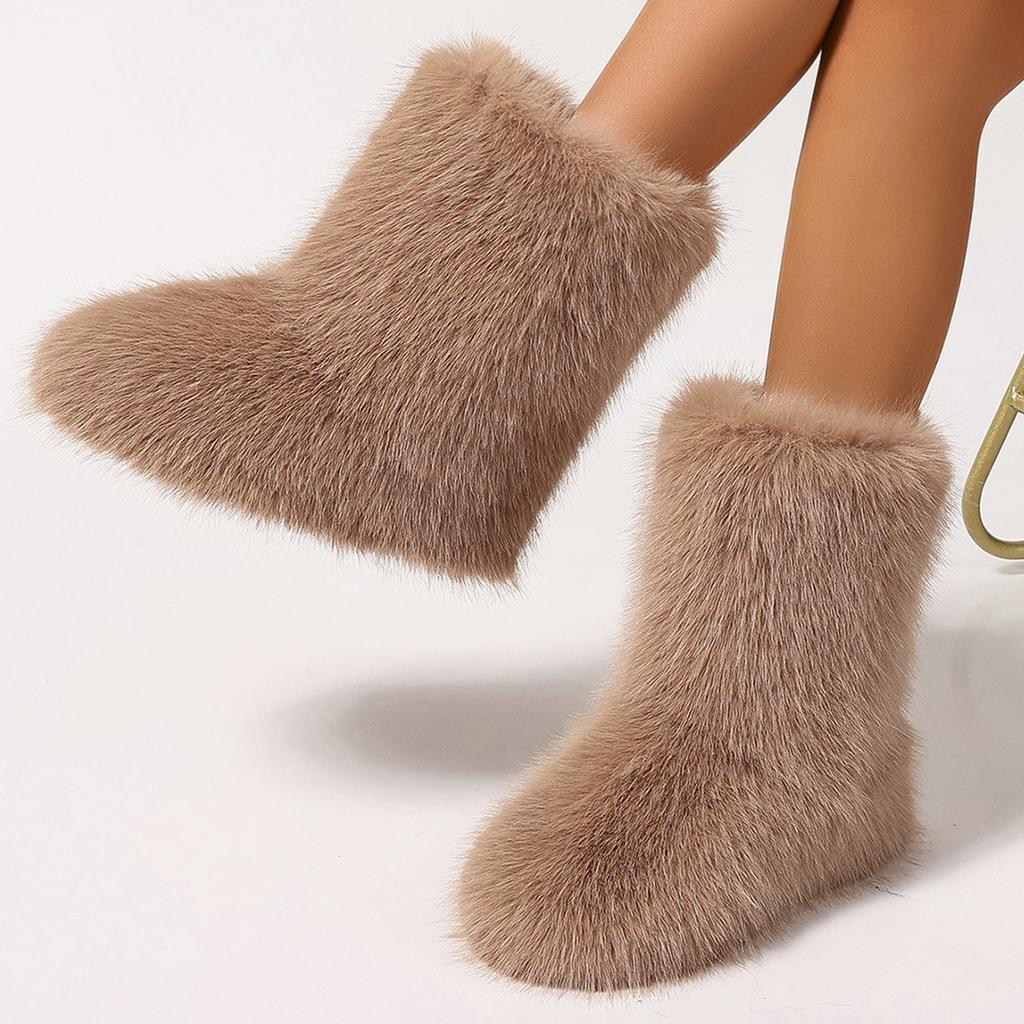 Women's Furry Faux Fur Boots Fuzzy Fluffy Mid Calf Snow Boots Winter Suede Warm Fur Lined Booties Flat Boots for Women Casual Ankle Booties Shoes