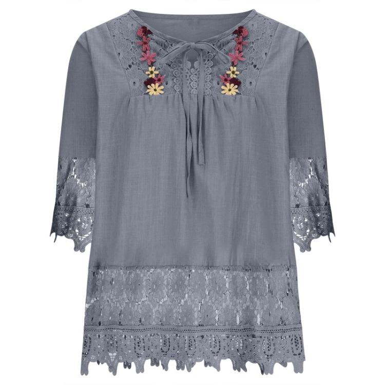 Summer Elegant Holiday Blouse Women Casual Loose Top Cotton Linen Stitching Lace Flower V Neck Solid Tops Shirt