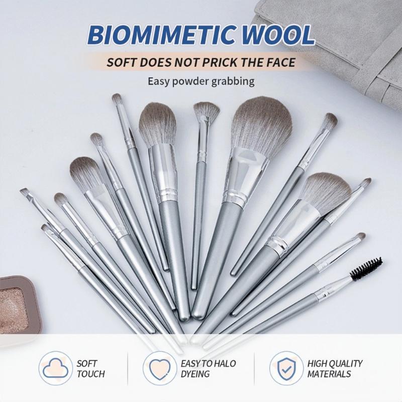 14-Piece Personal Makeup Brush Set Silver-Grey With Leather Pu Case Soft Smooth