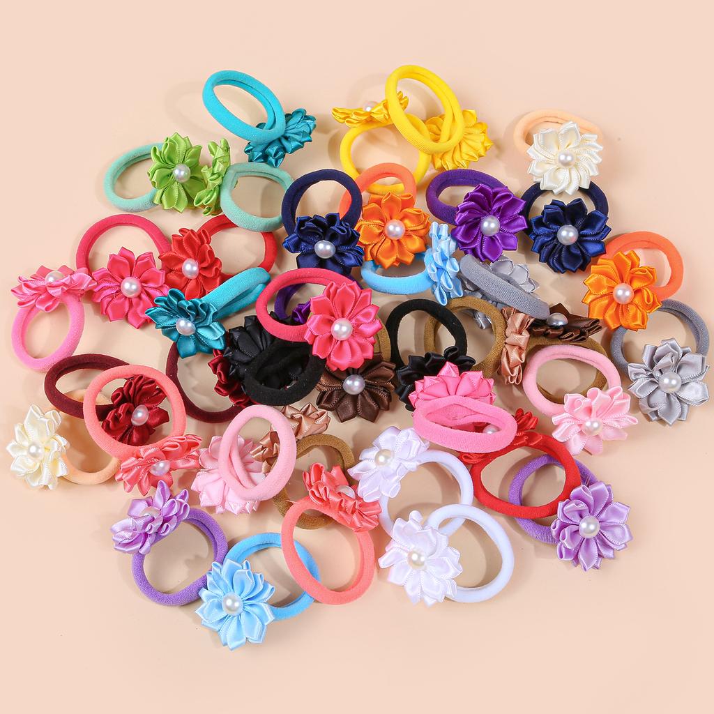 10pcs Flower Hair Ties Kids Girls Hair Bands Elastic Nylon Headband Pearl Floarl Ponytail Holder Hair Accessory for Girls