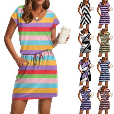 Damenmode V-Ausschnitt Kurzarm Kordelzug mit Tasche Bedruckte Freizeitkleider