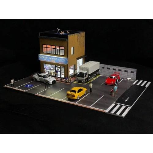 1/64 Scale Diorama Car Garage Model with City Background, Parking Lot, LED Lighting, Landscape Model Toy