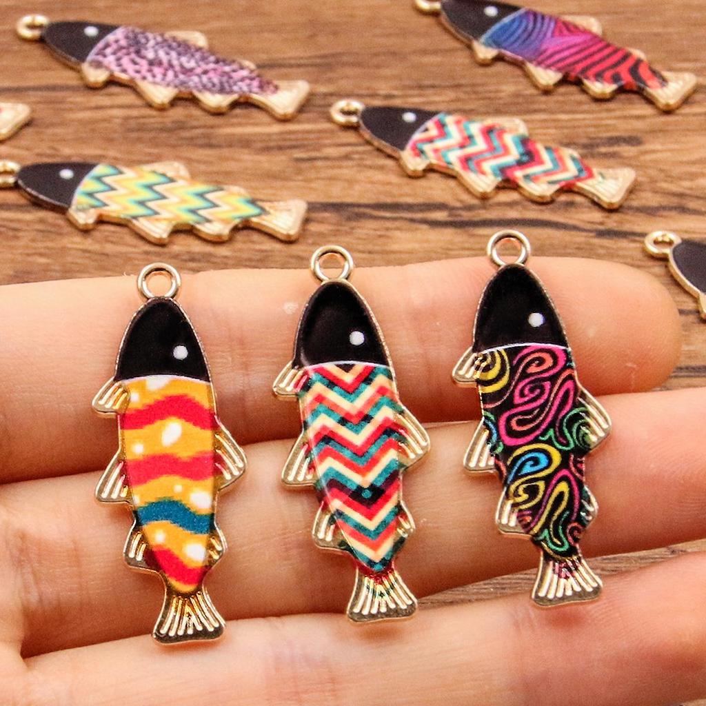 9-Color Small Fish Pendant, 14x35mm Alloy Charm, KC Gold Enamel Sea Animal Accessory