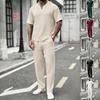 Men's V-neck Waffle Knit Short-Sleeve T-shirt and Long Pants Summer Casual Sports Set