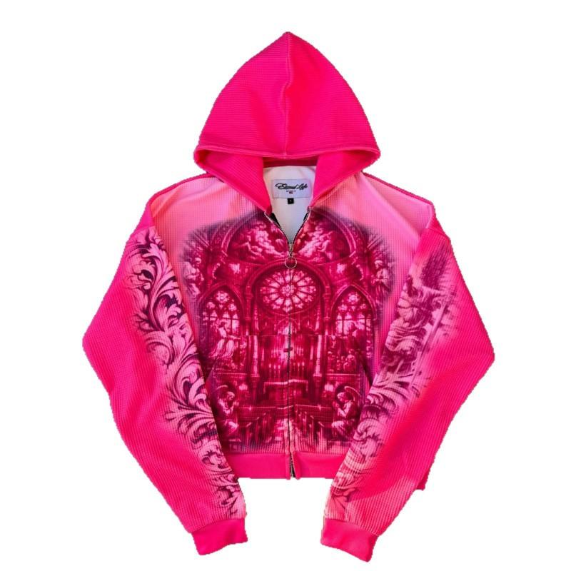 Felpa con zip vintage Y2K Giallo brillante Stampa dipinto a olio della chiesa Streetwear