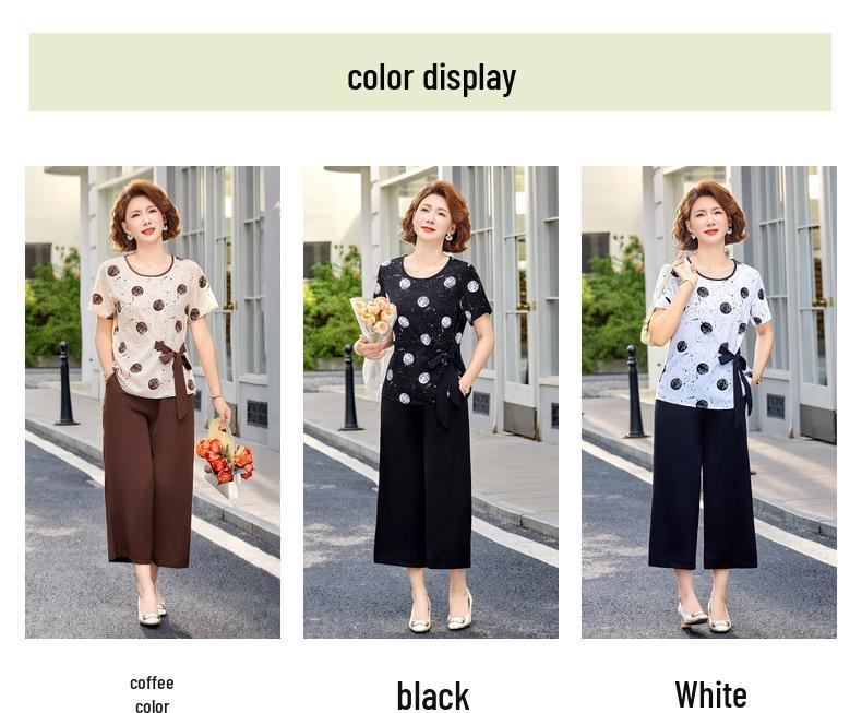 Summer Chinese Style Two-Piece Set: Short Sleeve Top & Wide Leg Pants for Middle-Aged Women