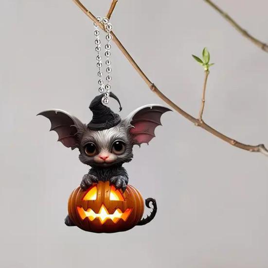 Halloween Decoration Witch Hat Bat Pumpkin Pendant 2D Acrylic Cat Rearview Mirror Charm Festive Atmosphere Enhancer