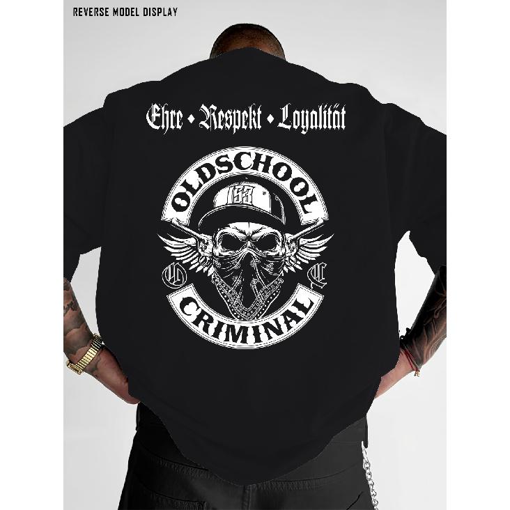 Men s black short sleeve tee with bold old school criminal skull graphic, gothic lettering, relaxed fit, crew neck, soft cotton feel for streetwear S