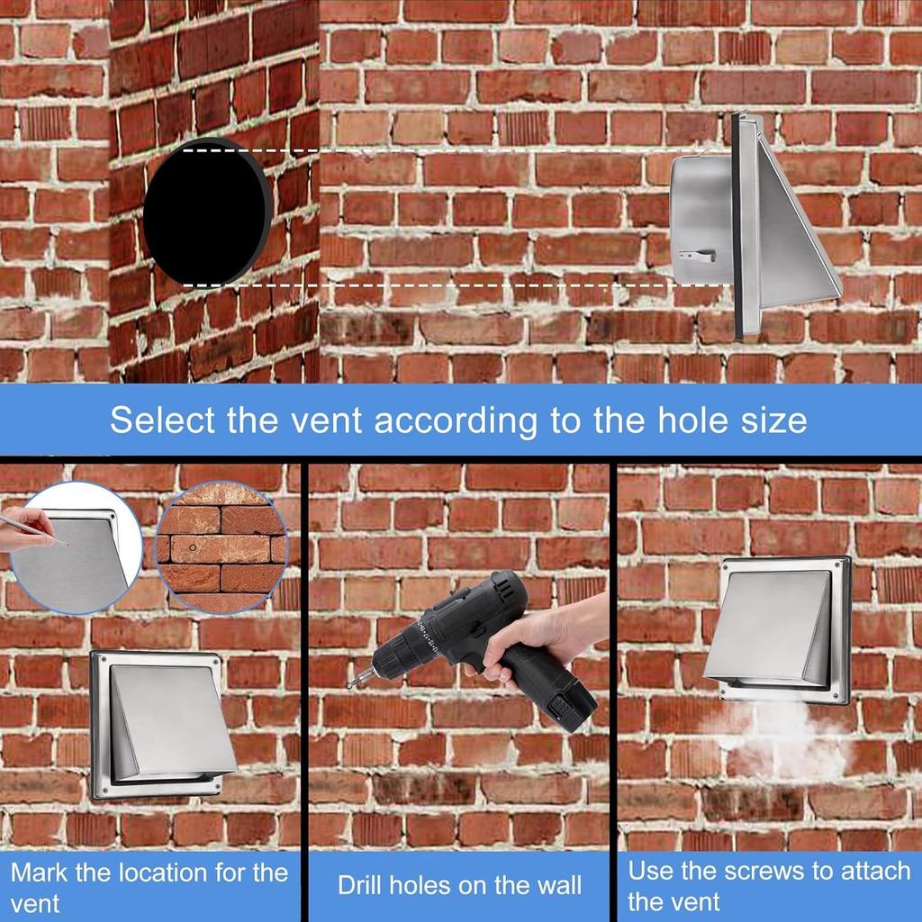 Stainless Steel 4 inch Dryer Vent Cover with Removable Cover, Square Wall Vent Waterproof Wall Extractor Grill Air Vent Cover for Indoor or Outdoor