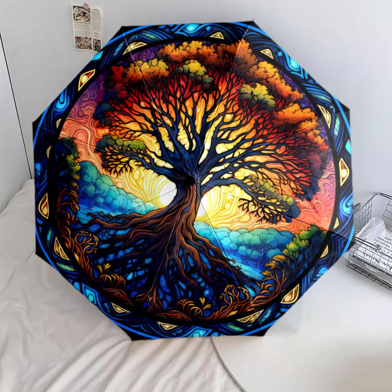 1PC Celtic Tree of Life Umbrella Portable Folding Umbrella Iron Frame Hole Bone Structure Outdoor Home Umbrella A16