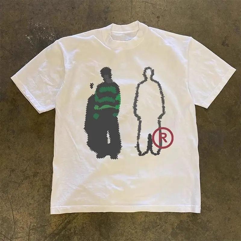 

Fashionable Ins American Vintage Y2K Design Sense Two Handed Pocket Printed T-shirt Men Women Summer Cotton Short-sleeved Tops 4XL