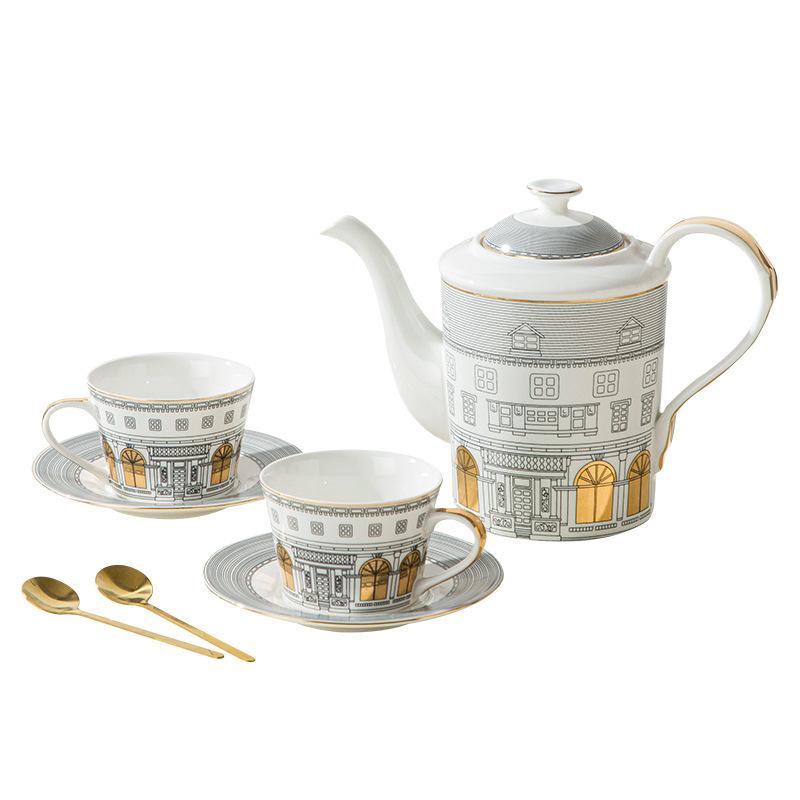 Italian Golden Roman Architecture Coffee Cup Saucer Teapot Set Gold-patterned Handle Swan Castle Afternoon Tea Set Gift
