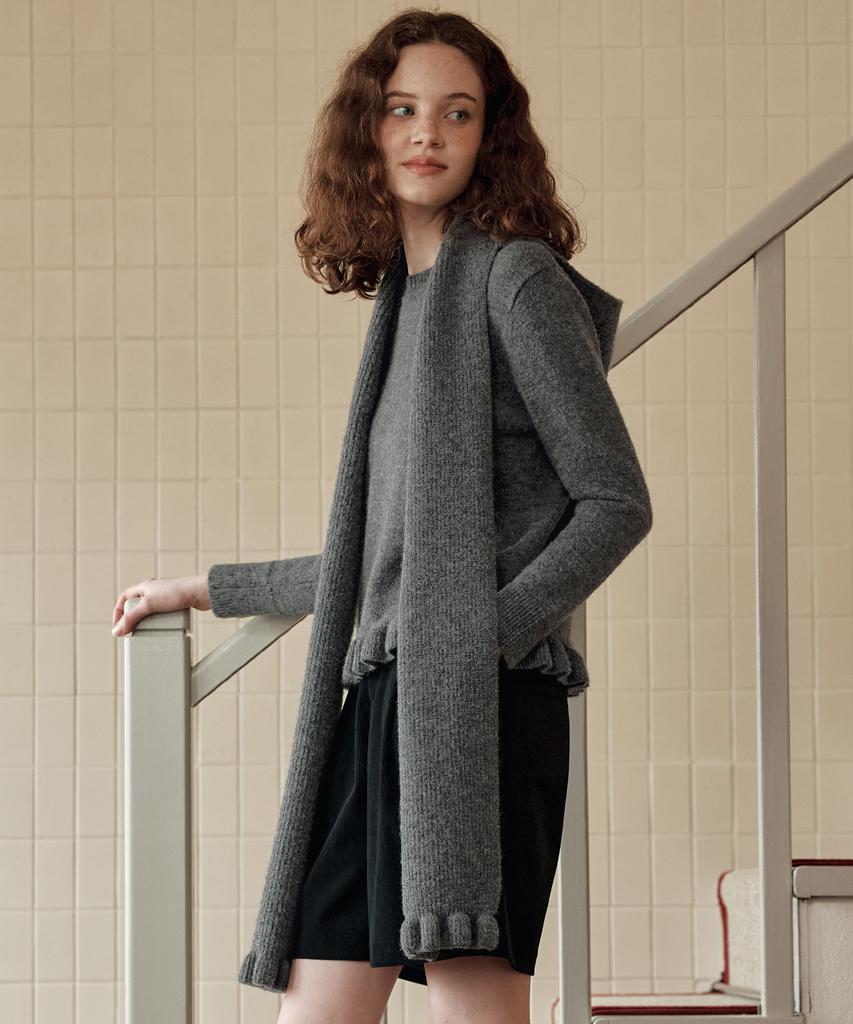 ZEROSTREET [2 Colors] Frill Sweater & Hooded Scarf Set