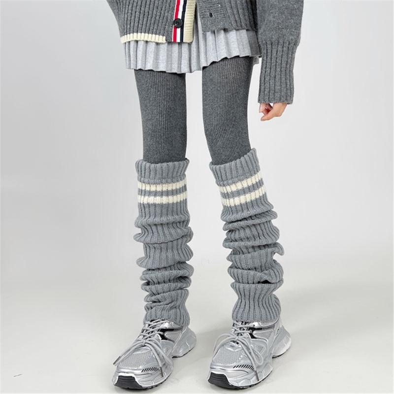 Women Thicken Ribbed Knit Leg Warmer Preppy Style Double Striped Leg Covers Snow Boot Cuffs Over Knee Stacked Long Socks