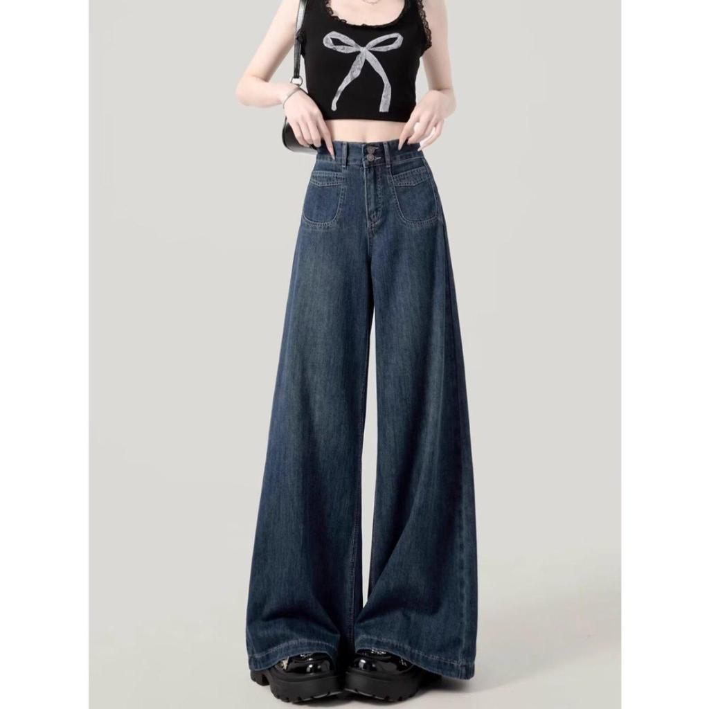Plus Size Women's Retro Fleece-Lined Jeans: Loose High-Waisted Slimming Straight-Wide Leg Pants for Autumn/Winter 2024