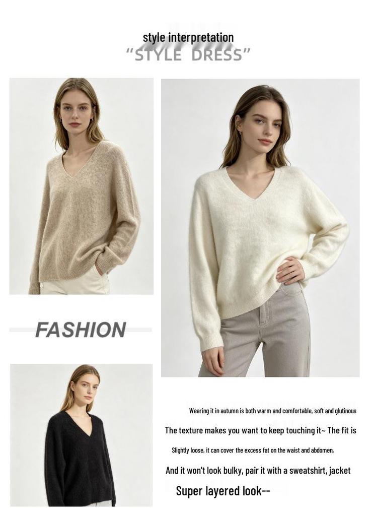 Women’s High-End Plush Wool-Cashmere V-Neck Sweater - Seamless, Soft, Stitched Knit Top