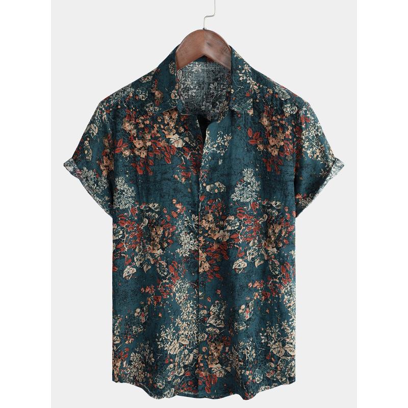 Retro floral print short sleeved shirt for men's casual lapel single breasted shirt 3D printed polyester short sleeved shirt