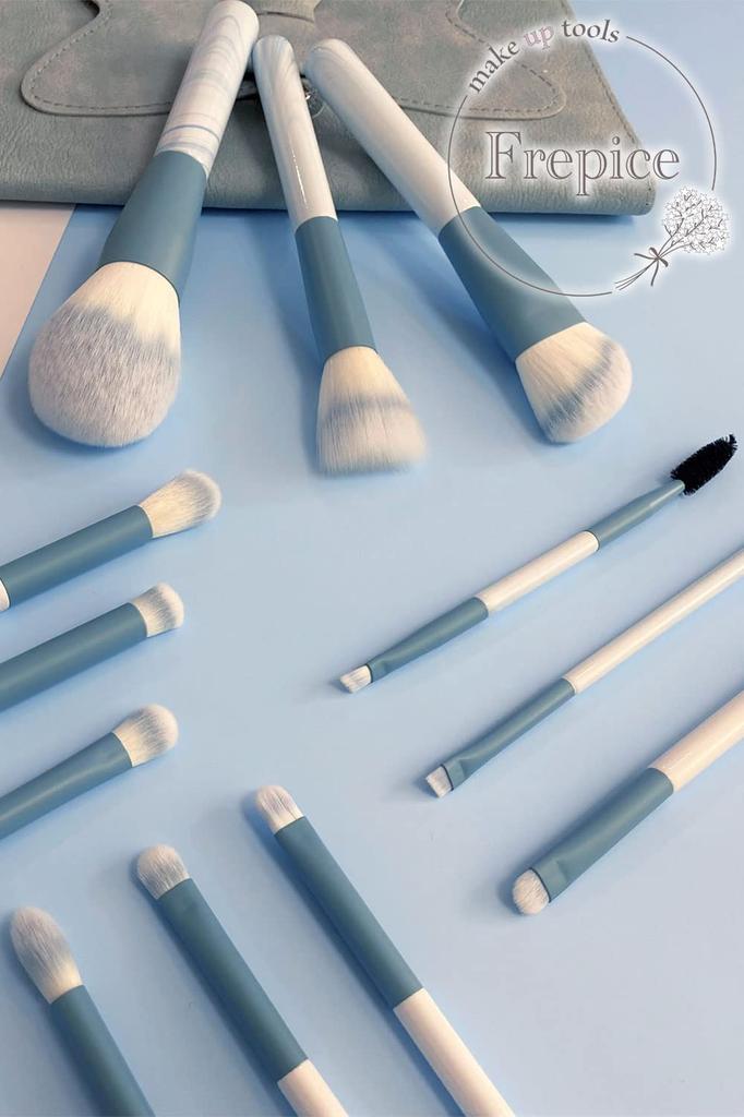 Frepice Makeup Brushes [Set of 12] Powder Brush, Eyeshadow Brush, Ribbon, Makeup Brush Pouch, Makeup/Aqua Ribbon