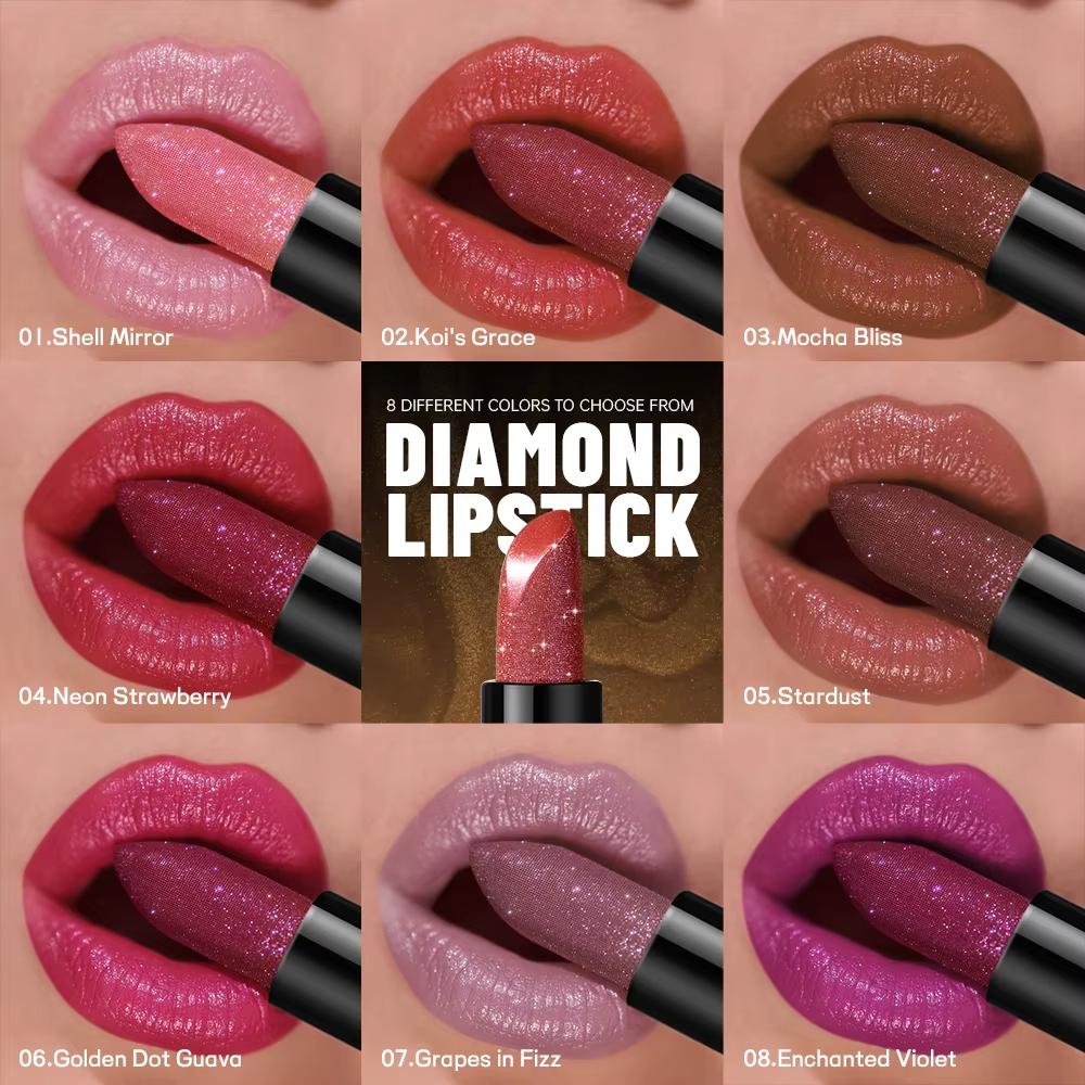 Diamond Pink Lipstick Shiny Pearl Sparkling Lip Gloss Makeup Pearlescent Red Sexy Metallic Glitter Lipstick Waterproof Cosmetics