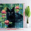 1pc Black Cat in for Lotus Pond with Pink Flowers Shower Curtain - Glossy Fur, Green Eyes, Vibrant Pond Reflections, Polyester
