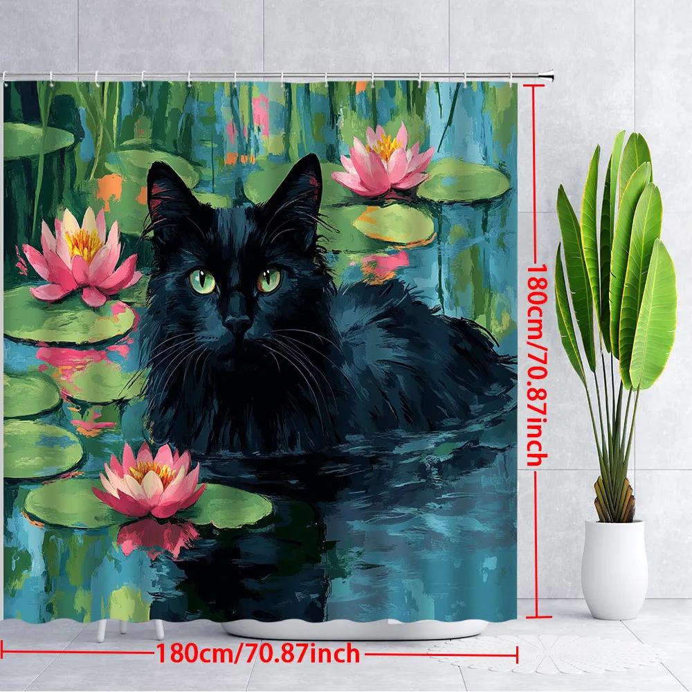 1pc Black Cat in for Lotus Pond with Pink Flowers Shower Curtain - Glossy Fur, Green Eyes, Vibrant Pond Reflections, Polyester