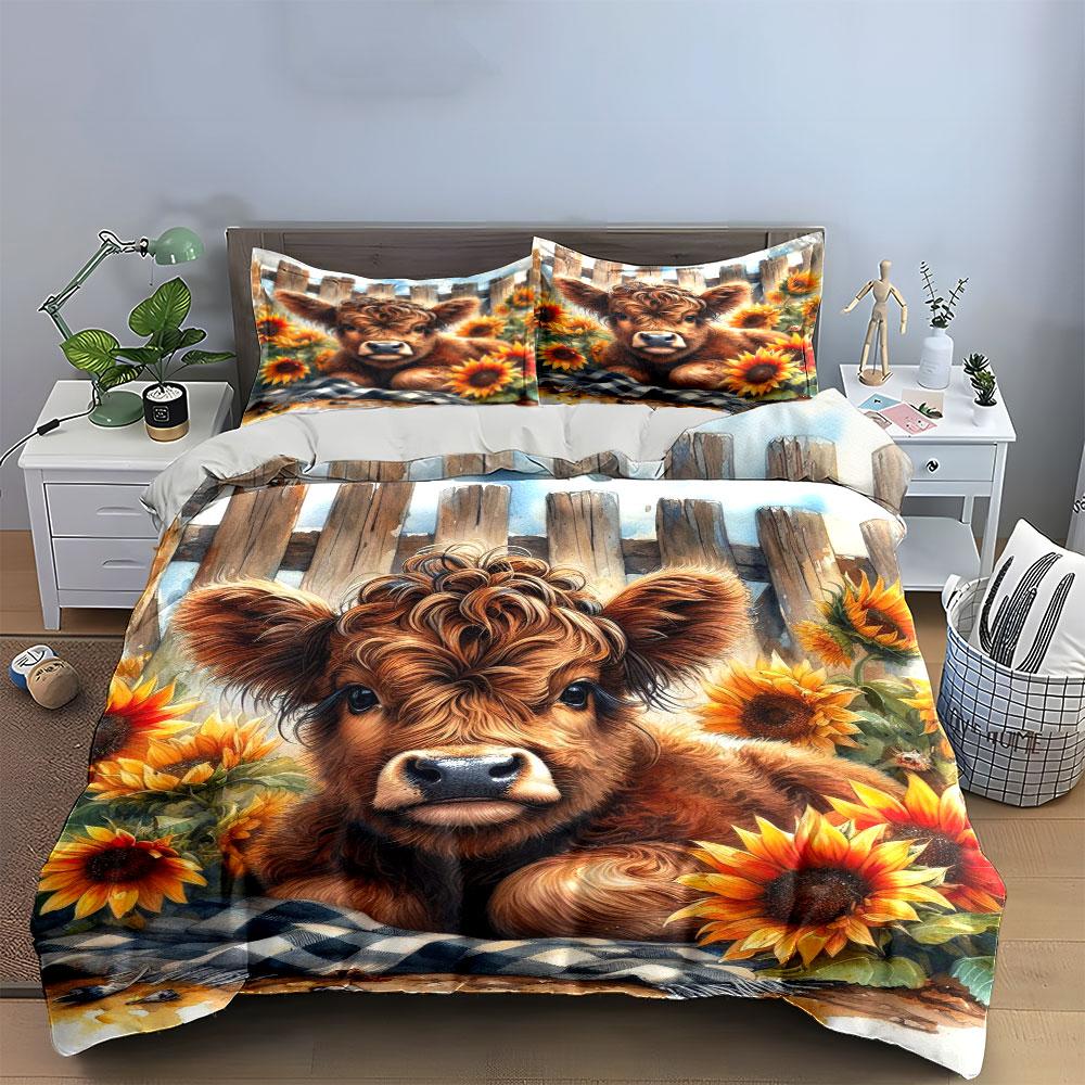 """Hochlandkuh mit Sonnenblumen" Bettwäsche Bettbezug-Set Bettbezug Kissenbezüge""" (1 * Bettbezug 2 * Kissenbezüge, ohne Bettdecke)