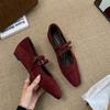 New Medium Heel Small Leather Shoes Beef Tendon Sole Large Size Comfortable Wedge Heel Square Head Buckle Casual Four Seasons Wear Women's Single Shoe