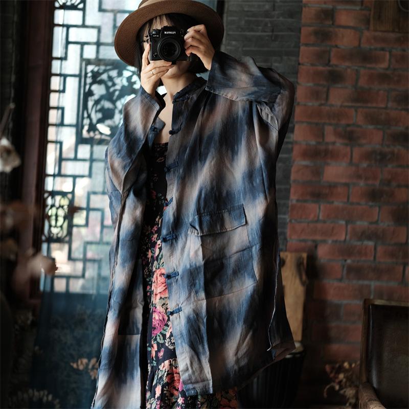 Johnature Women Vintage Long Shirts Stand Long Sleeve Button Patchwork Pockets Spring Chinese Style Blouses